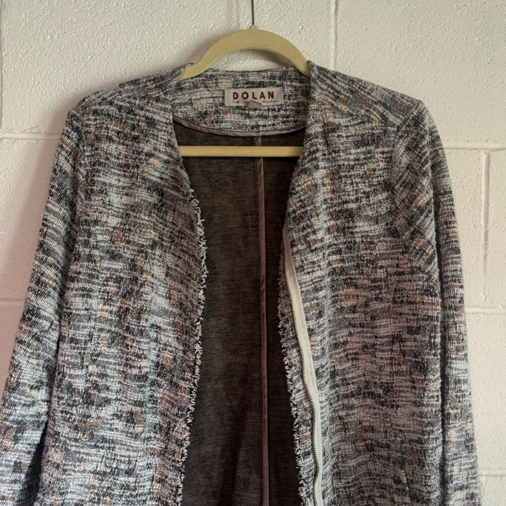 Anthropologie Dolan Leopard Longline Tweed Zip up Jacket Fringe Whimsical Size L - Picture 4 of 11
